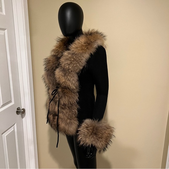 Real raccoon fur cardigan genuine fur collar trench coat parka jacket wool blaze - Picture 5 of 16